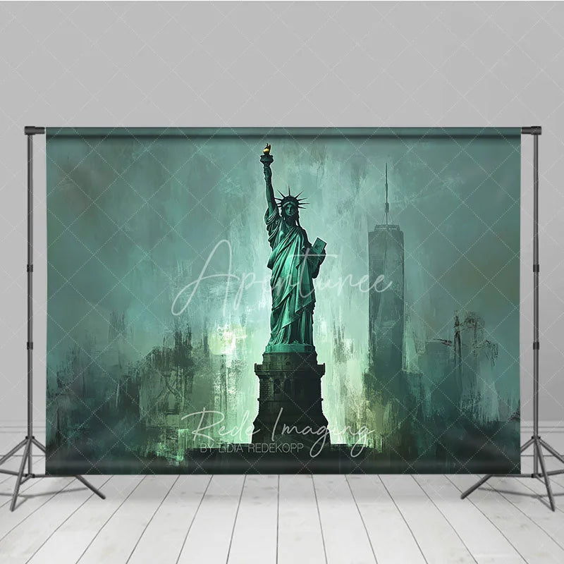 Aperturee - Aperturee Abstract Teal Green Statue of Liberty Photography Backdrop Iconic New York City Skyline Art for Studio Photoshoot