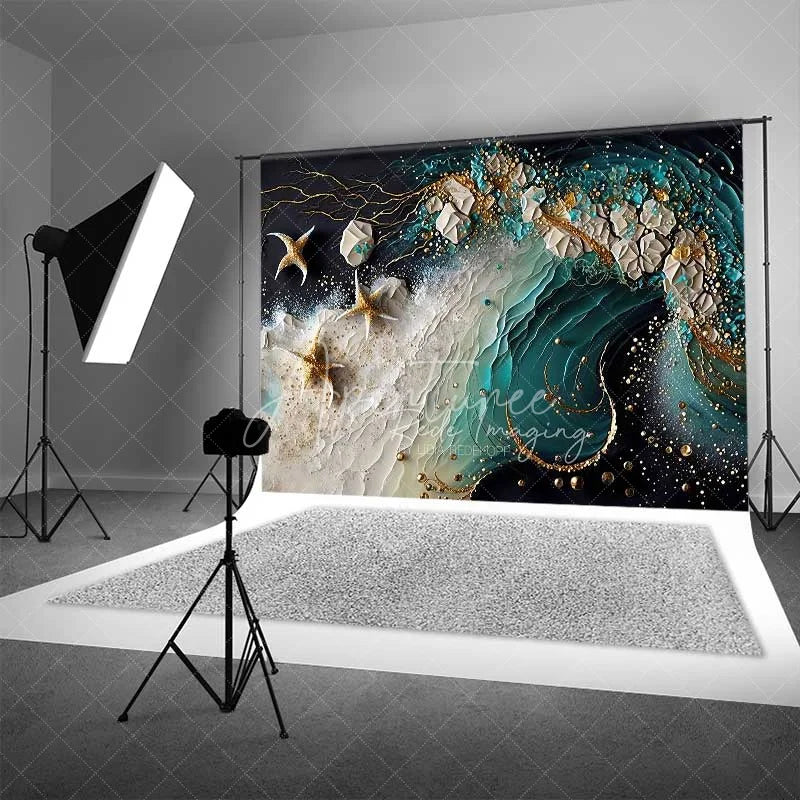 Aperturee - Aperturee Abstract Teal Ocean Wave and Gold Starfish Backdrop Summer Beach Photography Background Party Decor