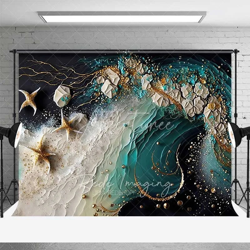 Aperturee - Aperturee Abstract Teal Ocean Wave and Gold Starfish Backdrop Summer Beach Photography Background Party Decor