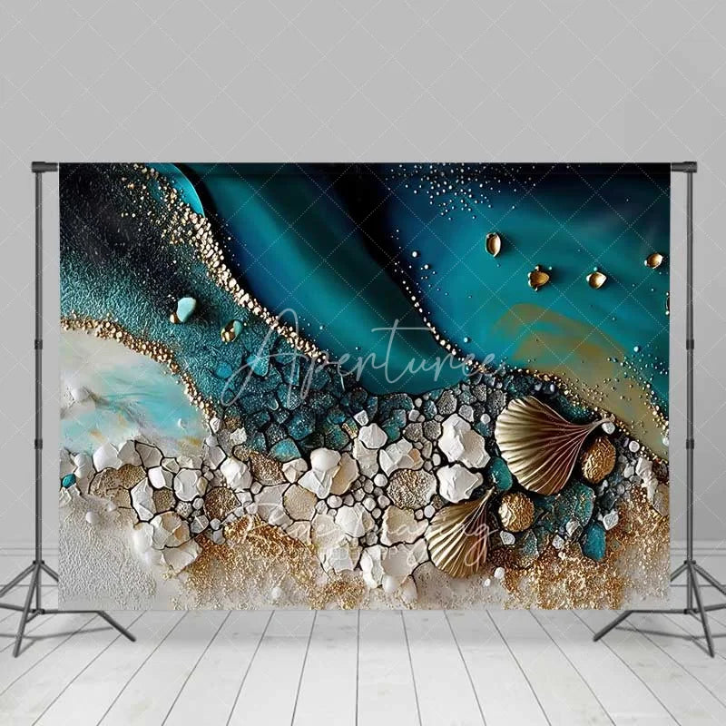 Aperturee - Aperturee Abstract Teal Water and Golden Sand Beach Backdrop Seashell Photography Background Summer Party Decor