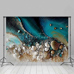 Aperturee - Aperturee Abstract Teal Water and Golden Sand Beach Backdrop Seashell Photography Background Summer Party Decor