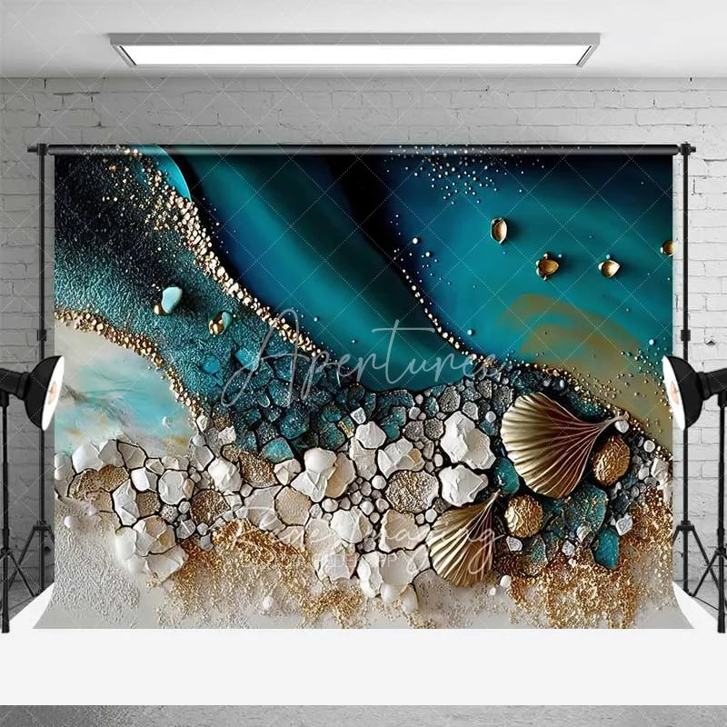Aperturee - Aperturee Abstract Teal Water and Golden Sand Beach Backdrop Seashell Photography Background Summer Party Decor