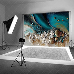 Aperturee - Aperturee Abstract Teal Water and Golden Sand Beach Backdrop Seashell Photography Background Summer Party Decor