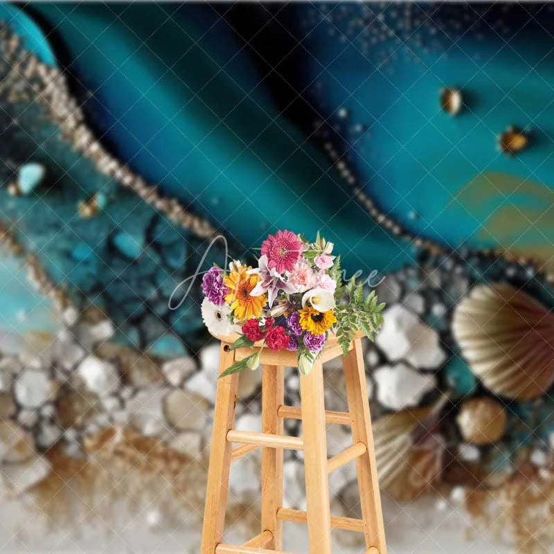 Aperturee - Aperturee Abstract Teal Water and Golden Sand Beach Backdrop Seashell Photography Background Summer Party Decor