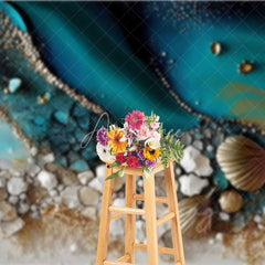 Aperturee - Aperturee Abstract Teal Water and Golden Sand Beach Backdrop Seashell Photography Background Summer Party Decor