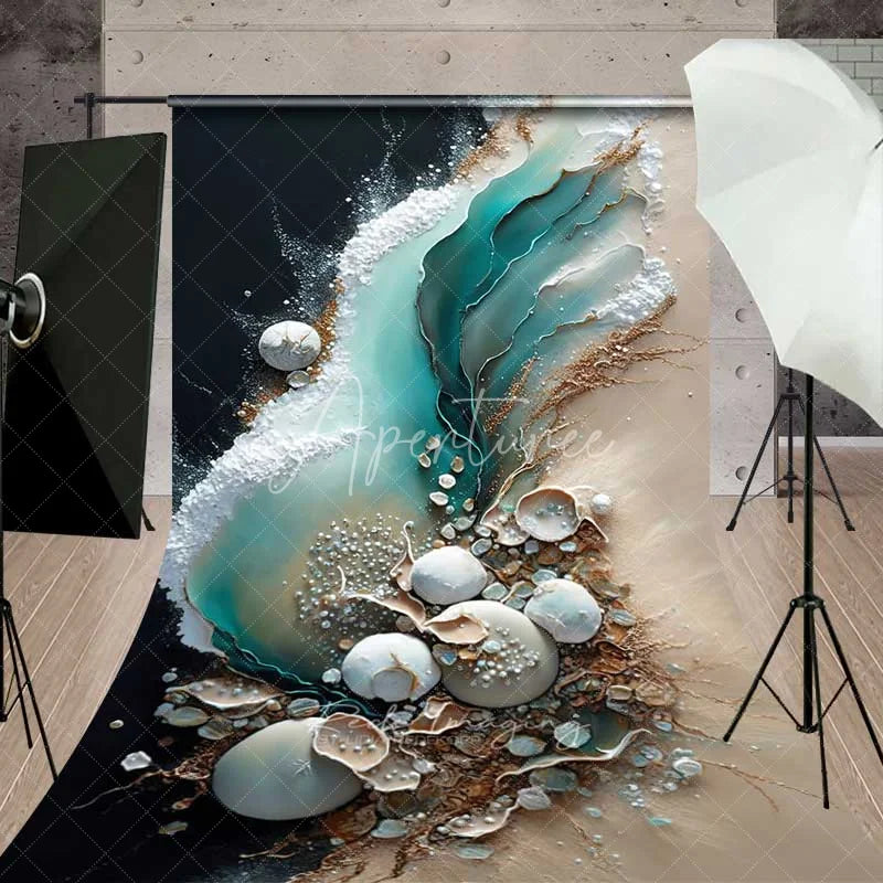 Aperturee - Aperturee Abstract Teal Water Flow and Sand Backdrop White Shells and Pearls Elegant Beach Photography Background