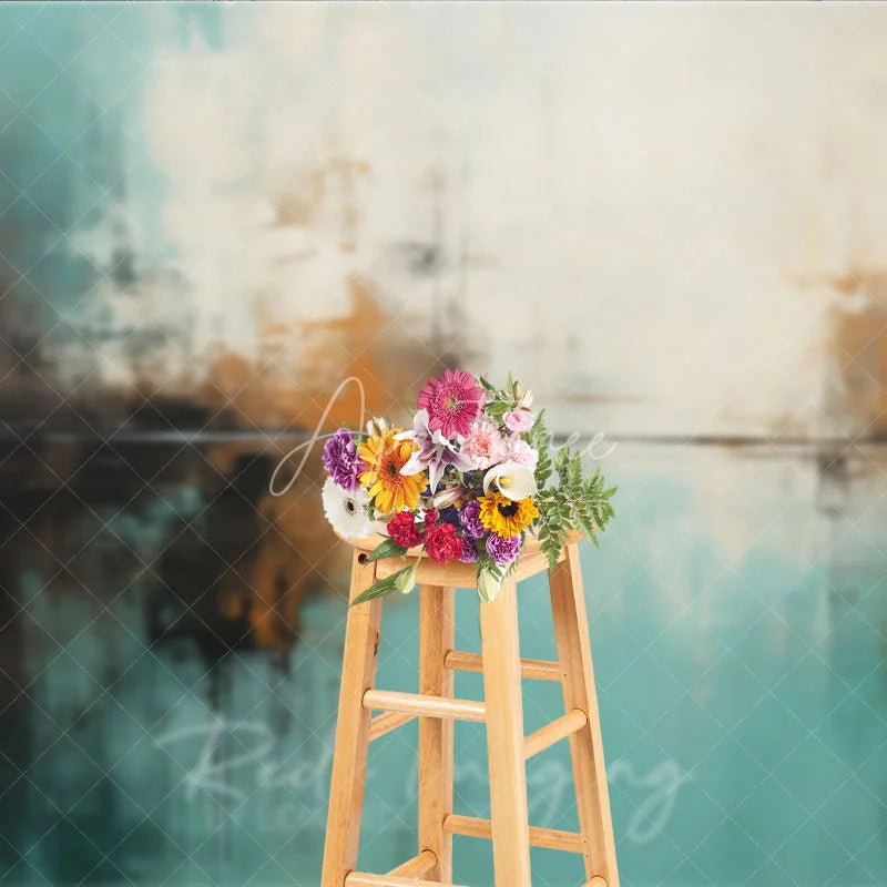Aperturee - Aperturee Abstract Teal White Orange Brown Textured Photography Backdrop Modern Art Style for Photo Studio Shoots