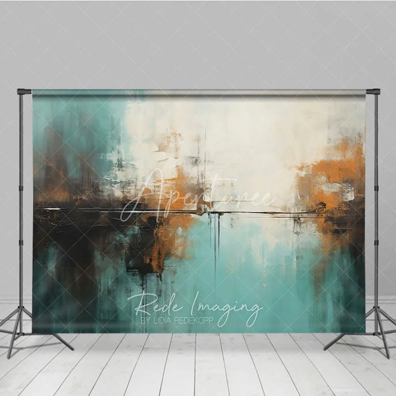 Aperturee - Aperturee Abstract Teal White Orange Brown Textured Photography Backdrop Modern Art Style for Photo Studio Shoots