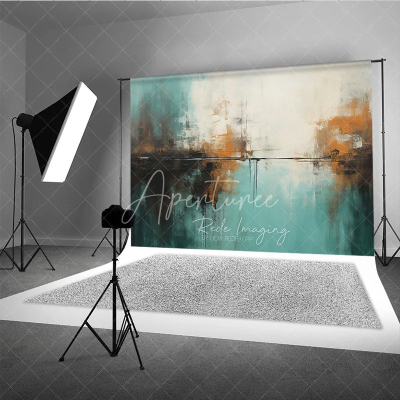 Aperturee - Aperturee Abstract Teal White Orange Brown Textured Photography Backdrop Modern Art Style for Photo Studio Shoots