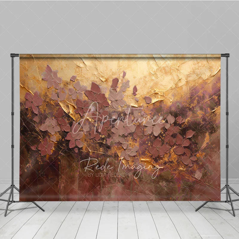 Aperturee - Aperturee Abstract Textured Floral Photography Backdrop Gold and Plum Palette with Elegant Painterly Design