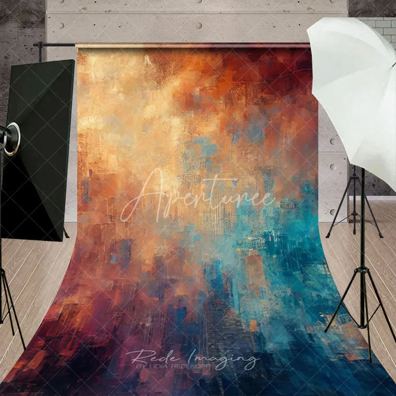 Aperturee - Aperturee Abstract Textured Orange and Teal Sweep Backdrop Modern Artistic Photo Studio Prop