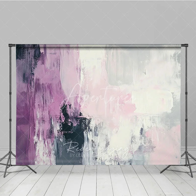 Aperturee - Aperturee Abstract Textured Photography Backdrop featuring Purple Pink White and Grey Brushstrokes Modern Artistic Style