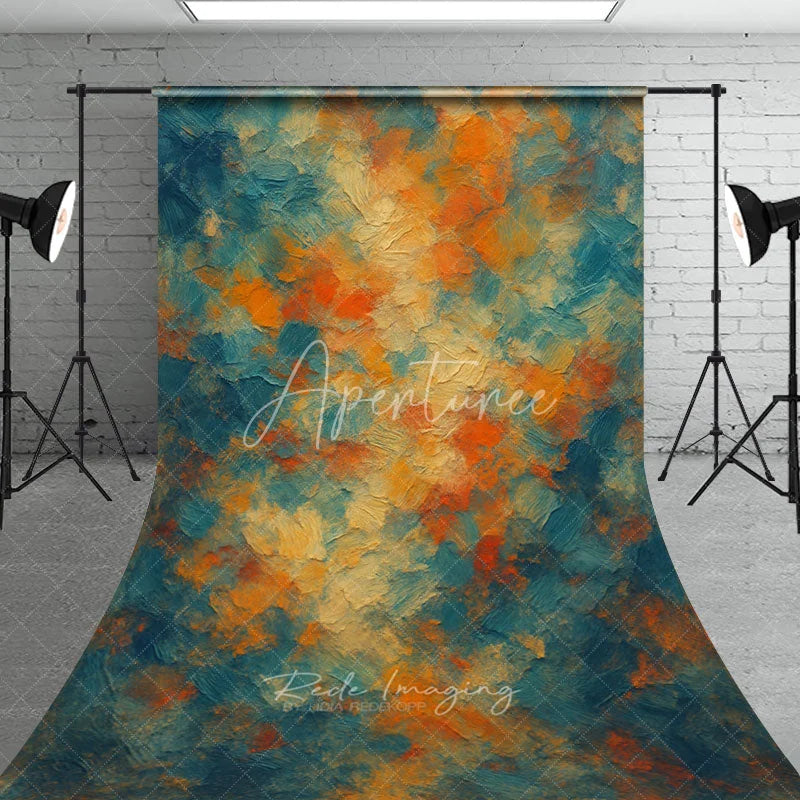 Aperturee - Aperturee Abstract Textured Sweep Backdrop with Painterly Brushstrokes Vibrant Teal Orange and Yellow Art Background