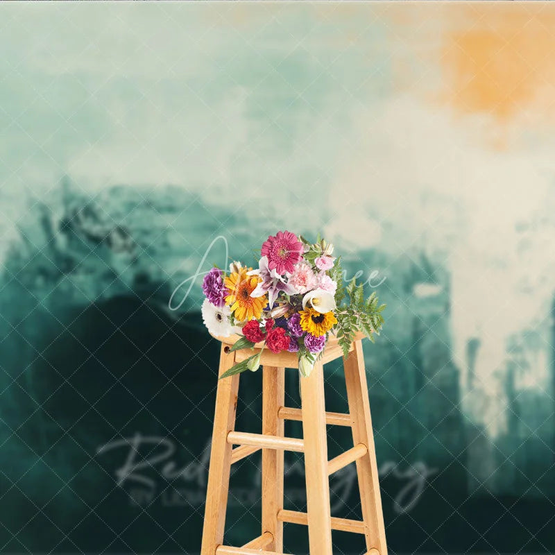 Aperturee - Aperturee Abstract Textured Teal and Cream Photography Backdrop with Orange Brush Strokes Modern Artistic Design for Shoots