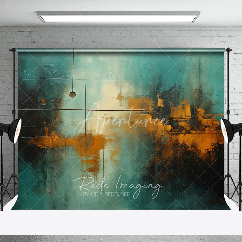 Aperturee - Aperturee Abstract Textured Teal and Golden Orange Photography Backdrop with Dark Blue Brushstrokes and Modern Art Style