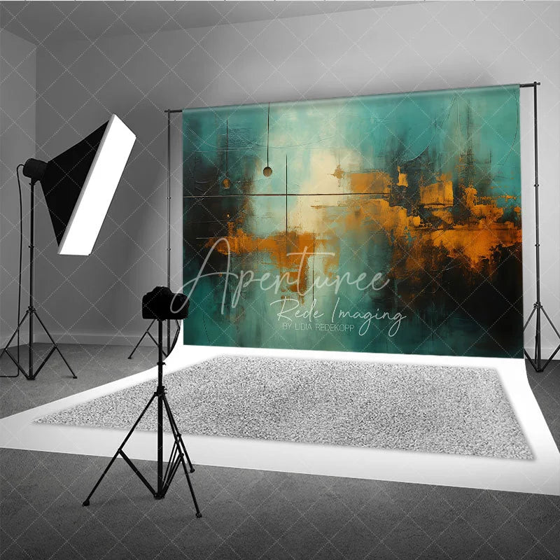 Aperturee - Aperturee Abstract Textured Teal and Golden Orange Photography Backdrop with Dark Blue Brushstrokes and Modern Art Style