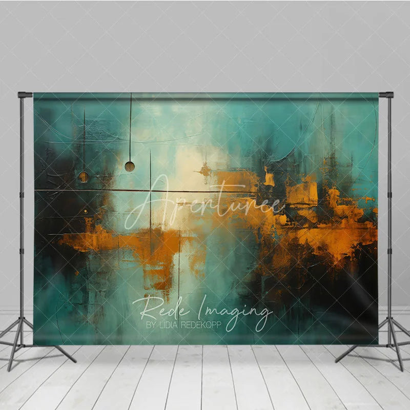 Aperturee - Aperturee Abstract Textured Teal and Golden Orange Photography Backdrop with Dark Blue Brushstrokes and Modern Art Style