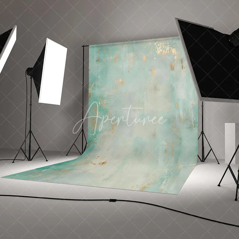 Aperturee - Aperturee Abstract Textured Teal and Mint Green Photography Backdrop with Gold Accents Elegant Painterly Design