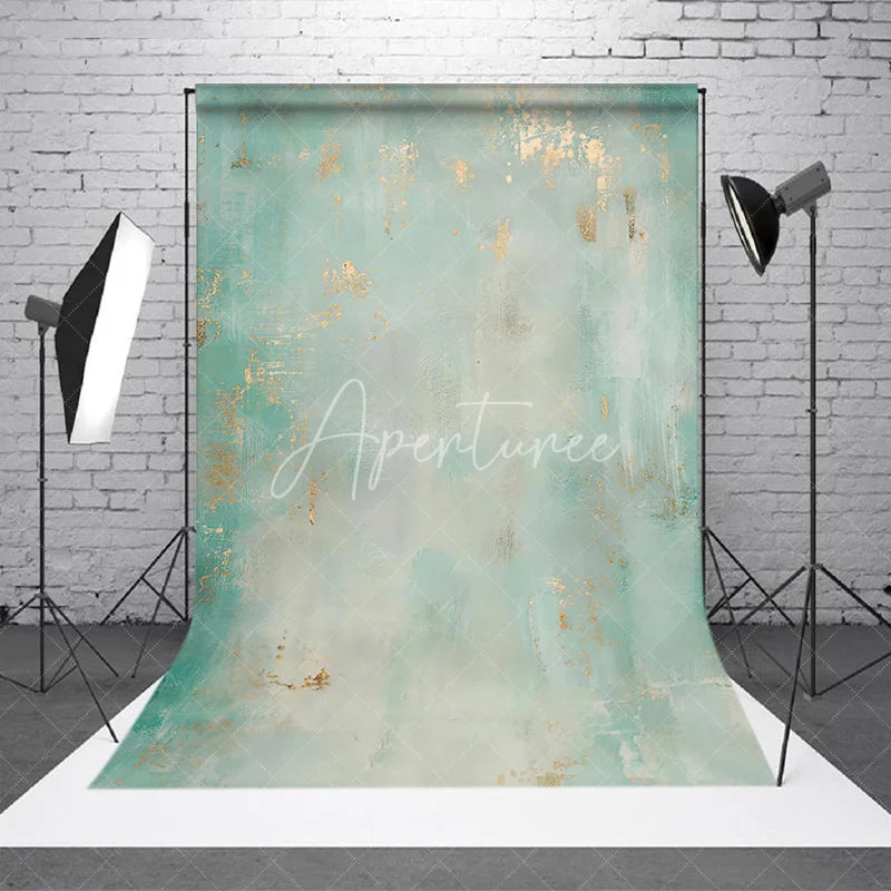 Aperturee - Aperturee Abstract Textured Teal and Mint Green Photography Backdrop with Gold Accents Elegant Painterly Design
