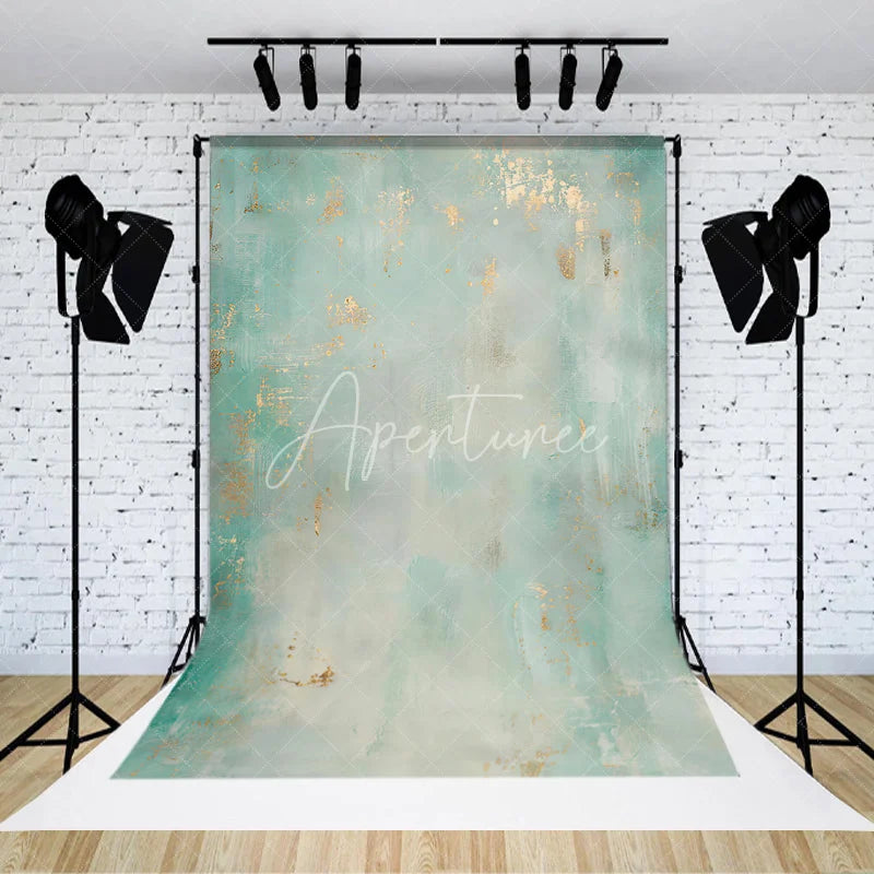 Aperturee - Aperturee Abstract Textured Teal and Mint Green Photography Backdrop with Gold Accents Elegant Painterly Design