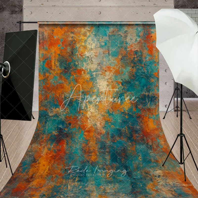 Aperturee - Aperturee Abstract Textured Teal Orange and Gold Sweep Backdrop Rustic Distressed Painterly Art Background