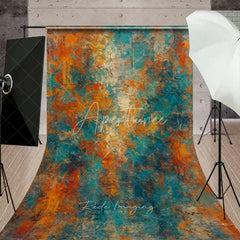 Aperturee - Aperturee Abstract Textured Teal Orange and Gold Sweep Backdrop Rustic Distressed Painterly Art Background