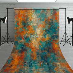 Aperturee - Aperturee Abstract Textured Teal Orange and Gold Sweep Backdrop Rustic Distressed Painterly Art Background