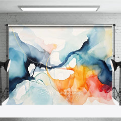 Aperturee - Aperturee Abstract Watercolor Fluid Art Photography Backdrop Modern Blue Orange and Gold Swirls for Artistic Portraits