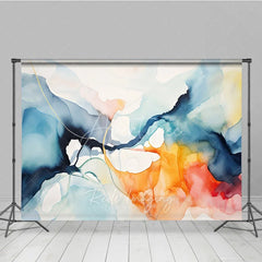 Aperturee - Aperturee Abstract Watercolor Fluid Art Photography Backdrop Modern Blue Orange and Gold Swirls for Artistic Portraits