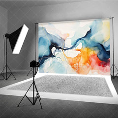Aperturee - Aperturee Abstract Watercolor Fluid Art Photography Backdrop Modern Blue Orange and Gold Swirls for Artistic Portraits