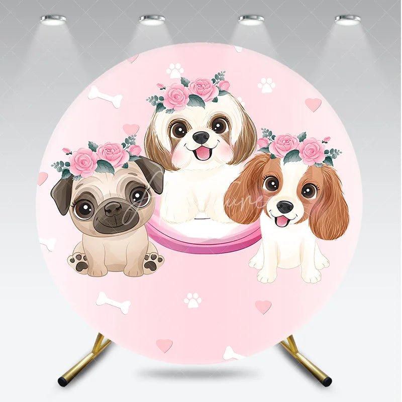 Aperturee - Aperturee Adorable Cartoon Puppies with Pink Floral Wreaths Round Backdrop Sweet Pet Themed Birthday Party and Baby Shower Decor