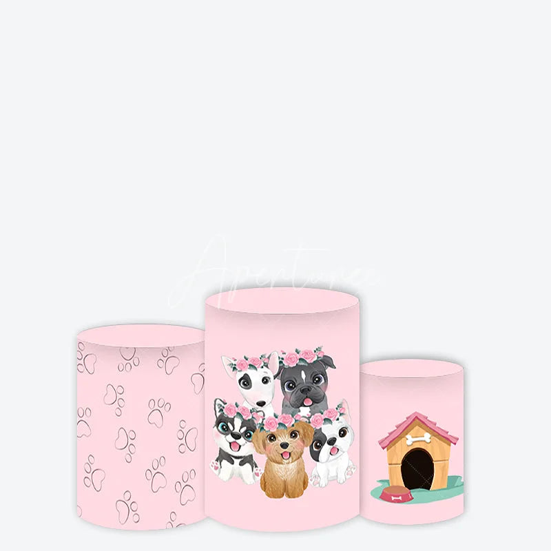 Aperturee - Aperturee Adorable Pink Cartoon Dogs and Paw Prints Cylinder Cover Cute Pet Themed Birthday Party Decor
