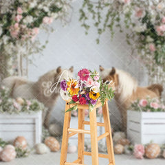 Aperturee - Aperturee Adorable Pony Pair Easter Eggs Floral Decor Backdrop