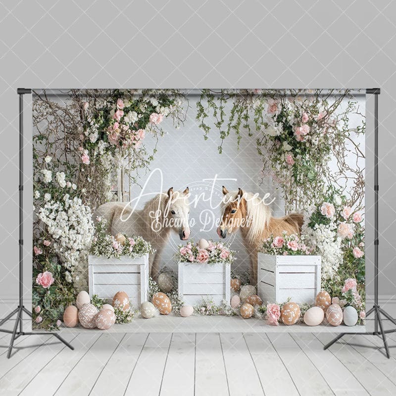Aperturee - Aperturee Adorable Pony Pair Easter Eggs Floral Decor Backdrop