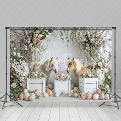 Aperturee - Aperturee Adorable Pony Pair Easter Eggs Floral Decor Backdrop