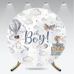 Aperturee - Aperturee Adventure Awaits Oh Boy Round Backdrop Hot Air Balloon and Airplane Baby Shower Party Decoration