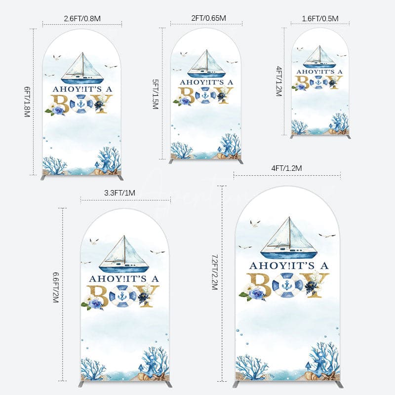 Aperturee - Aperturee Ahoy Boy Seagulls Boat Baby Shower Arch Backdrop