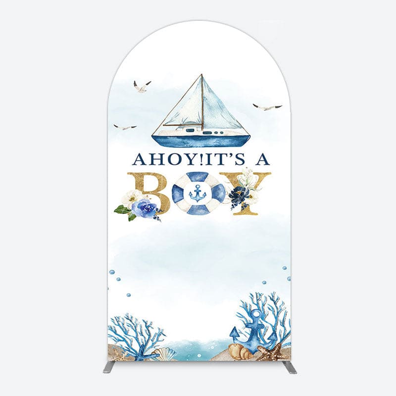 Aperturee - Aperturee Ahoy Boy Seagulls Boat Baby Shower Arch Backdrop