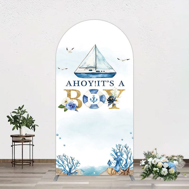 Aperturee - Aperturee Ahoy Boy Seagulls Boat Baby Shower Arch Backdrop