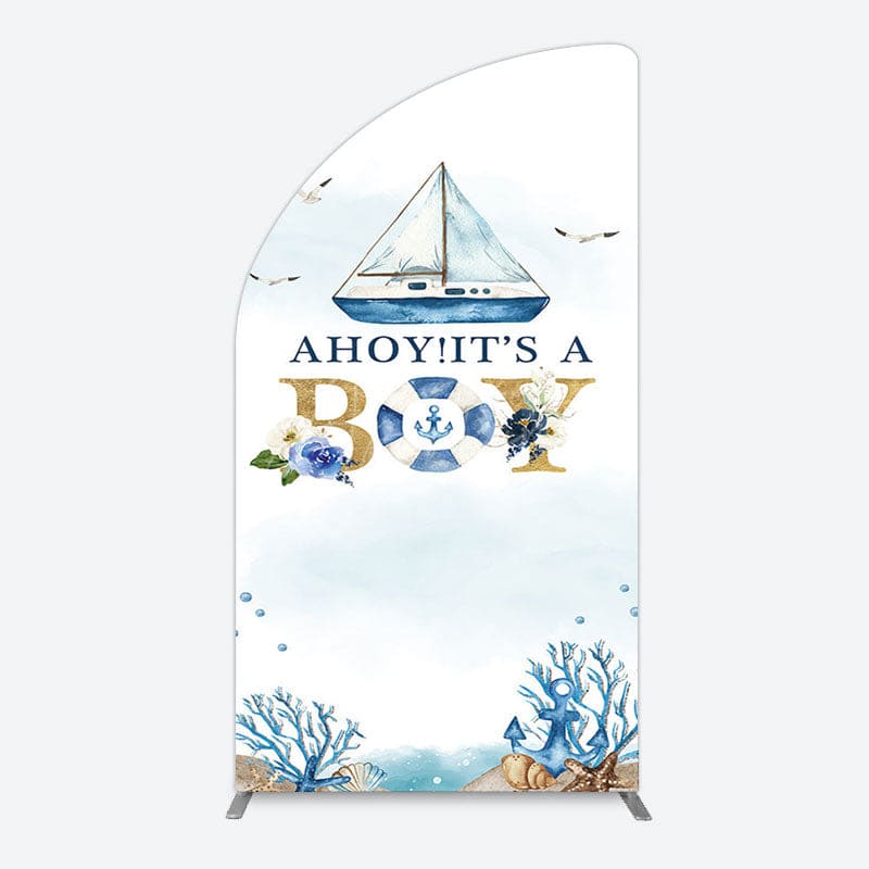 Aperturee - Aperturee Ahoy Boy Seagulls Boat Baby Shower Half Moon Arch Backdrop