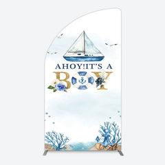 Aperturee - Aperturee Ahoy Boy Seagulls Boat Baby Shower Half Moon Arch Backdrop