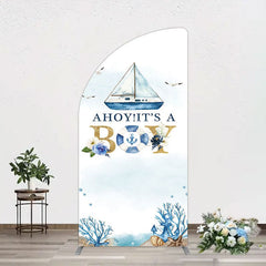 Aperturee - Aperturee Ahoy Boy Seagulls Boat Baby Shower Half Moon Arch Backdrop
