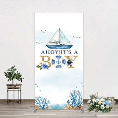 Aperturee - Aperturee Ahoy Boy Seagulls Boat Baby Shower Rectangle Backdrop