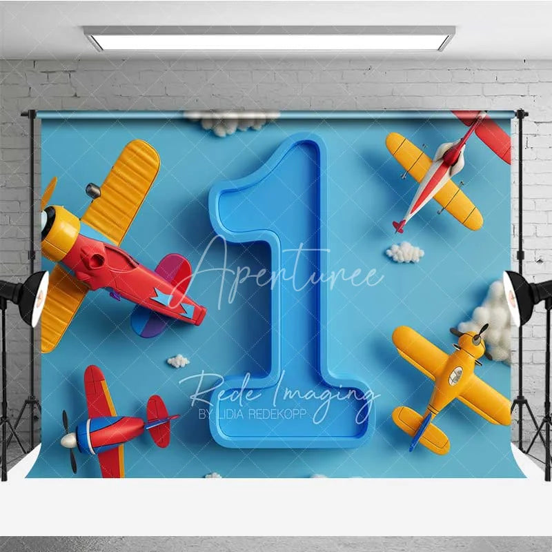 Aperturee - Aperturee Airplane 1st Birthday Backdrop Blue Sky Cloud Boy Photography Background Cartoon Pilot Cake Smash Photo Prop