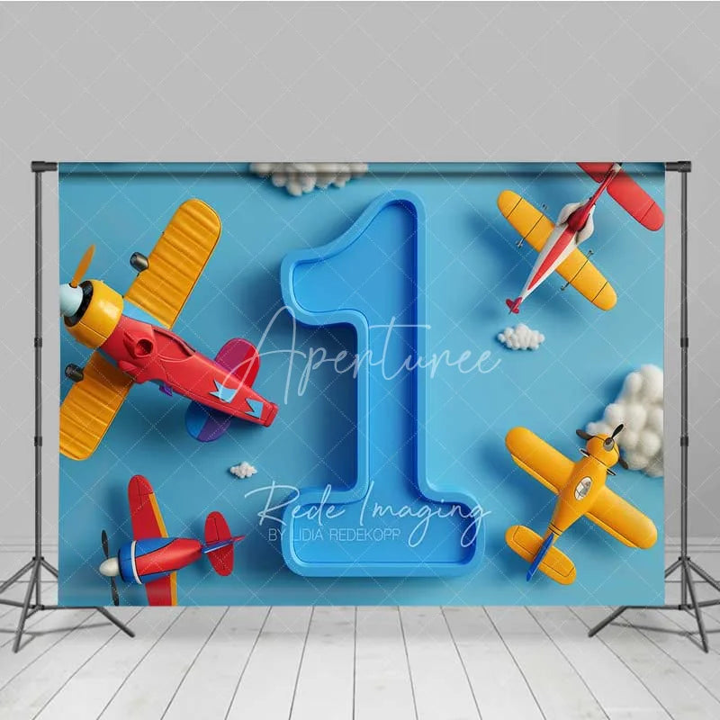 Aperturee - Aperturee Airplane 1st Birthday Backdrop Blue Sky Cloud Boy Photography Background Cartoon Pilot Cake Smash Photo Prop