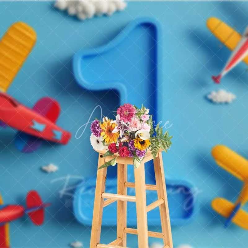 Aperturee - Aperturee Airplane 1st Birthday Backdrop Blue Sky Cloud Boy Photography Background Cartoon Pilot Cake Smash Photo Prop