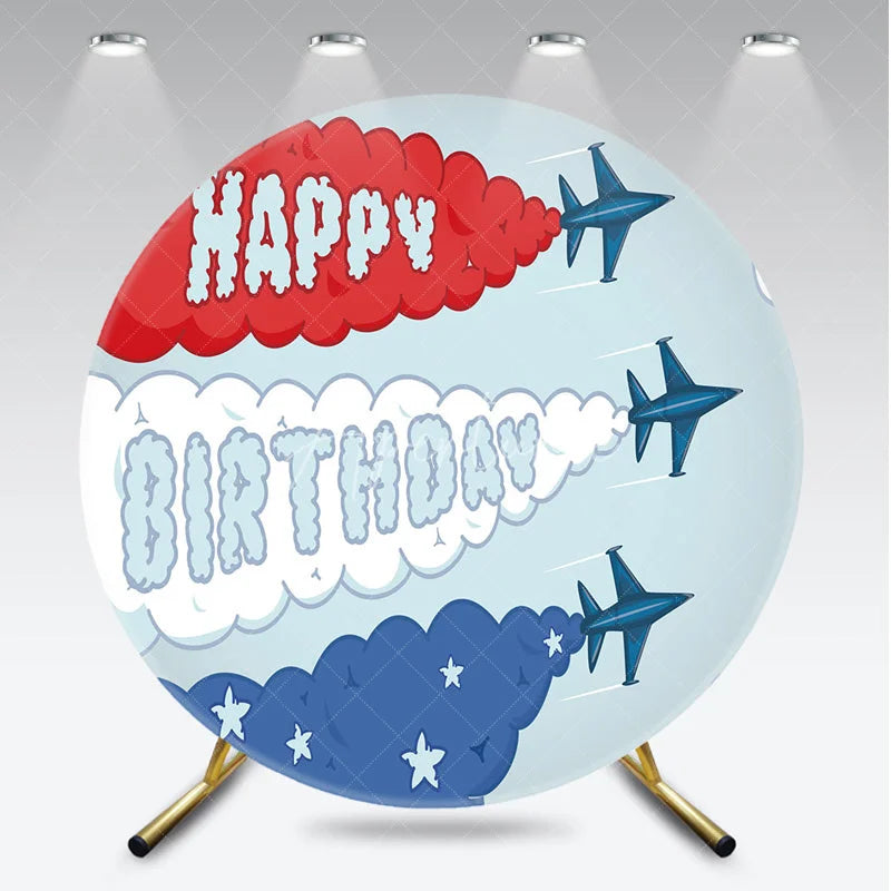 Aperturee - Aperturee Airplane Fighter Jet Round Backdrop Red White and Blue Smoke Party Supplies for Birthday