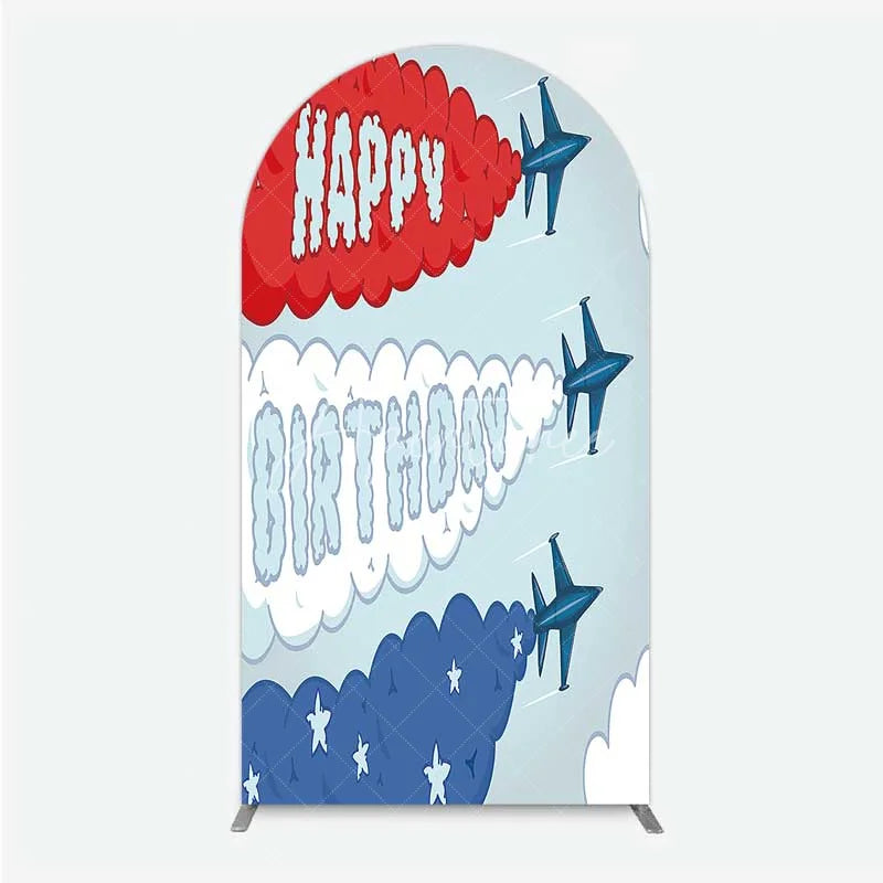 Aperturee - Aperturee Airplane Jet Happy Birthday Arch Backdrop Red White and Blue Aviation Theme Party Background