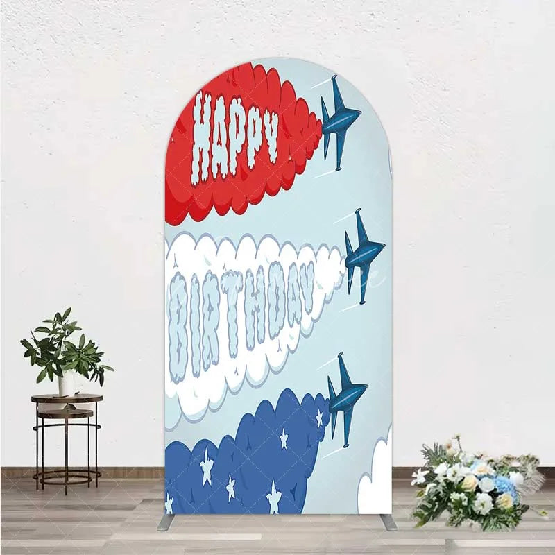Aperturee - Aperturee Airplane Jet Happy Birthday Arch Backdrop Red White and Blue Aviation Theme Party Background