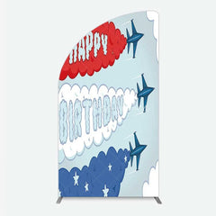 Aperturee - Aperturee Airplane Jet Happy Birthday Half Moon Arch Backdrop Red White and Blue Aviation Theme Party Background